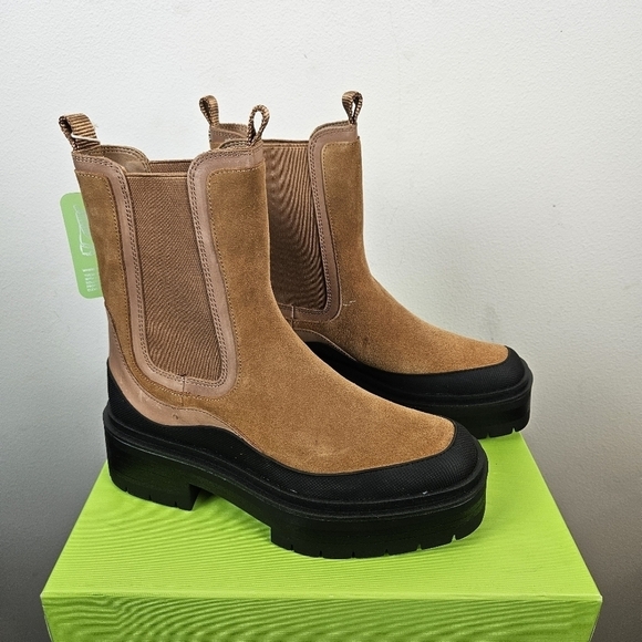 Sam Edelman Lulia Lug Sole Chelsea Boot Camel Suede Brown Black Mid Calf 7.5 New - Picture 3 of 9